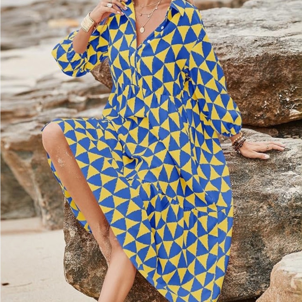 Geometric Blue and Yellow Dress - Picture 2 of 3